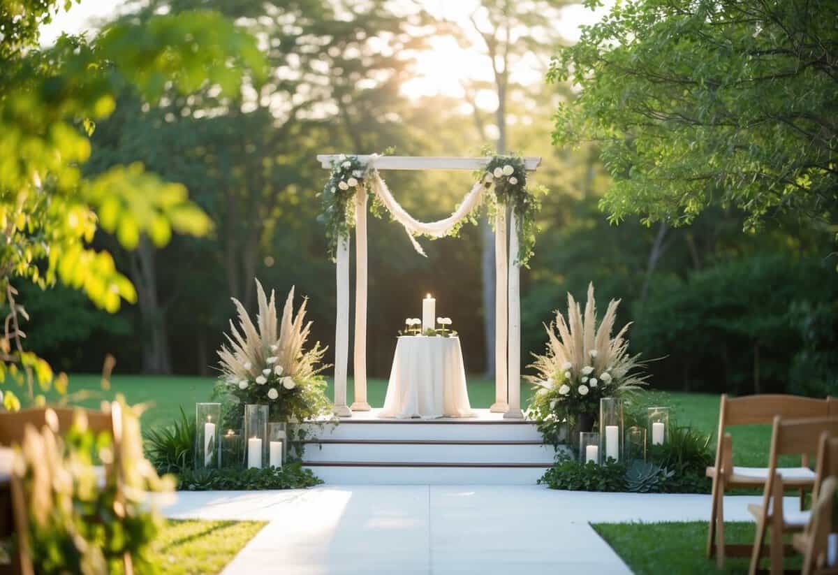 A serene outdoor setting with a simple altar and natural decor, surrounded by lush greenery and soft sunlight filtering through the trees