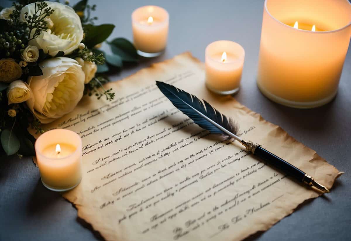 A couple's private vows written on elegant parchment with a quill pen, surrounded by soft candlelight and a bouquet of fresh flowers