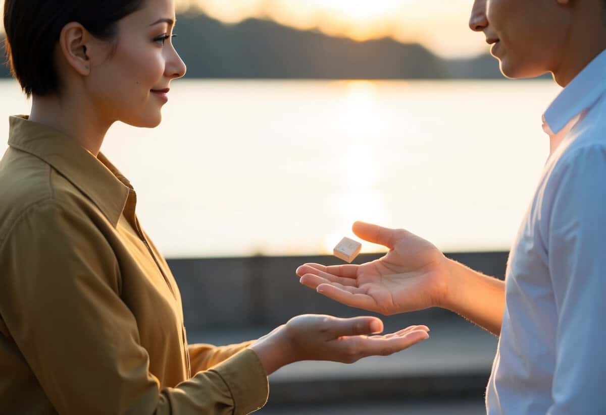Two figures facing each other, one holding out an open hand while the other places a small object into it. The setting is a serene outdoor location with soft lighting