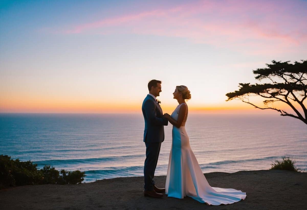 A couple standing on a cliff overlooking the ocean, exchanging vows under a vibrant sunset with a lone tree in the background