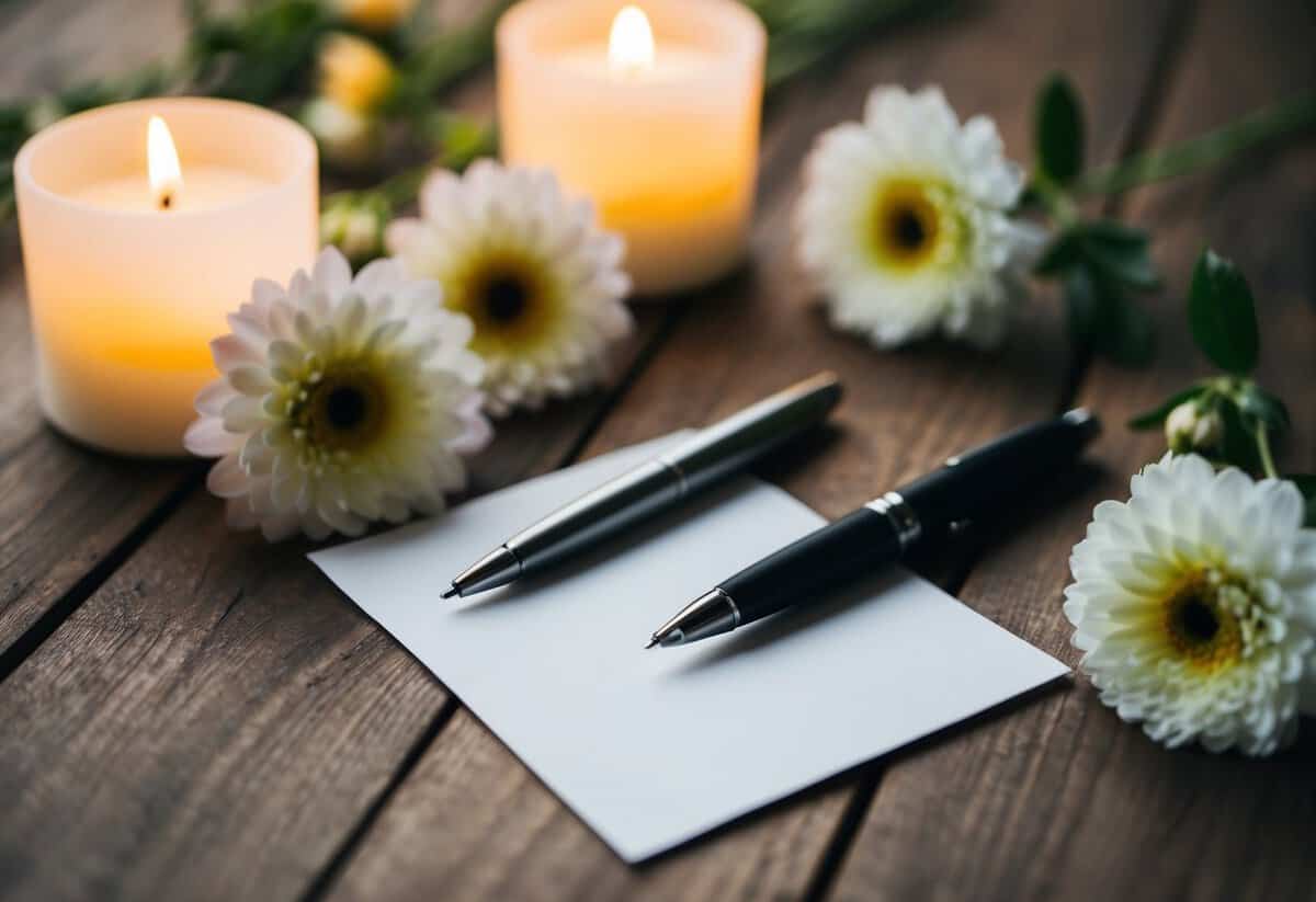 A pen and a piece of paper lie on a wooden table, surrounded by delicate flowers and soft candlelight