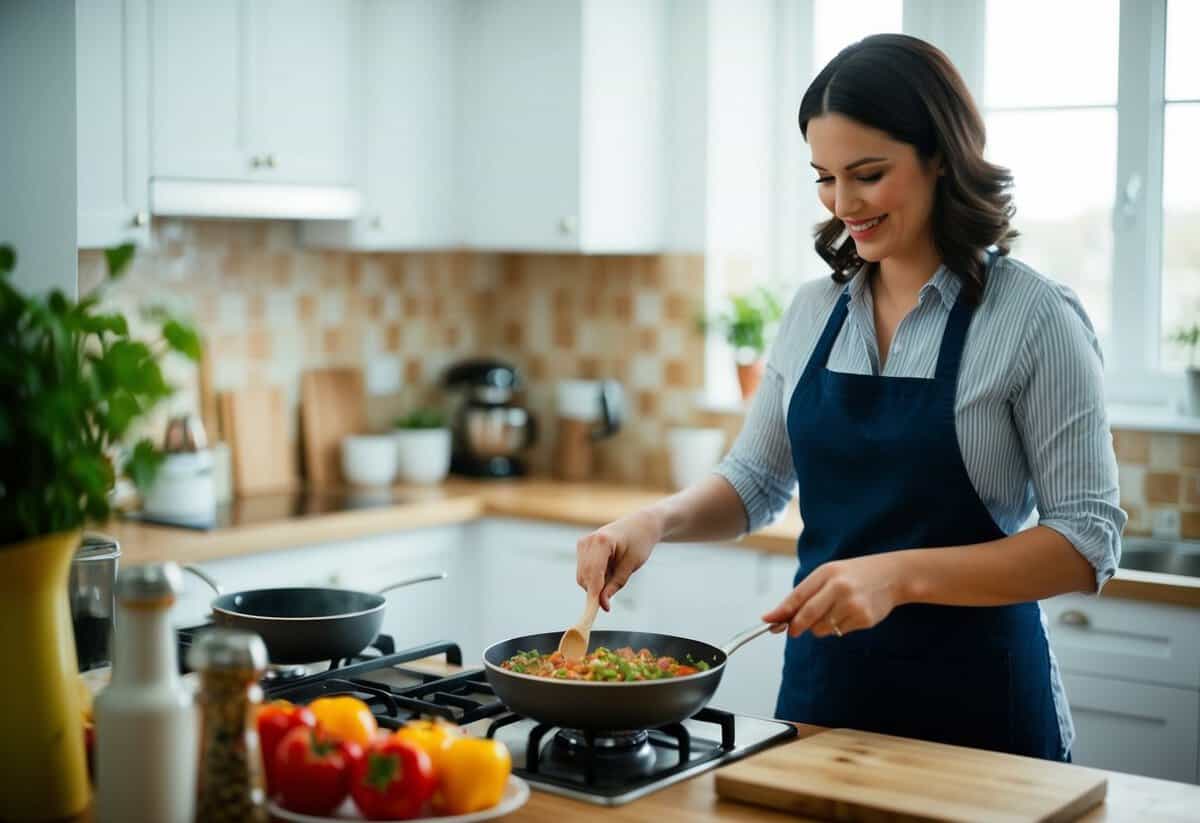 A loyal wife prepares her husband's favorite meal with a loving smile