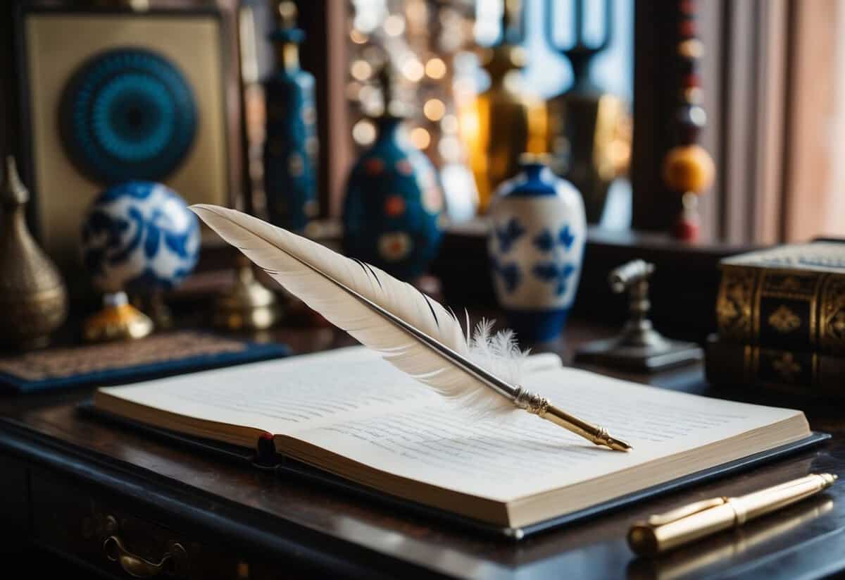 A quill pen resting on a vintage desk, surrounded by cultural artifacts and modern decorations, symbolizing the merging of tradition and individuality