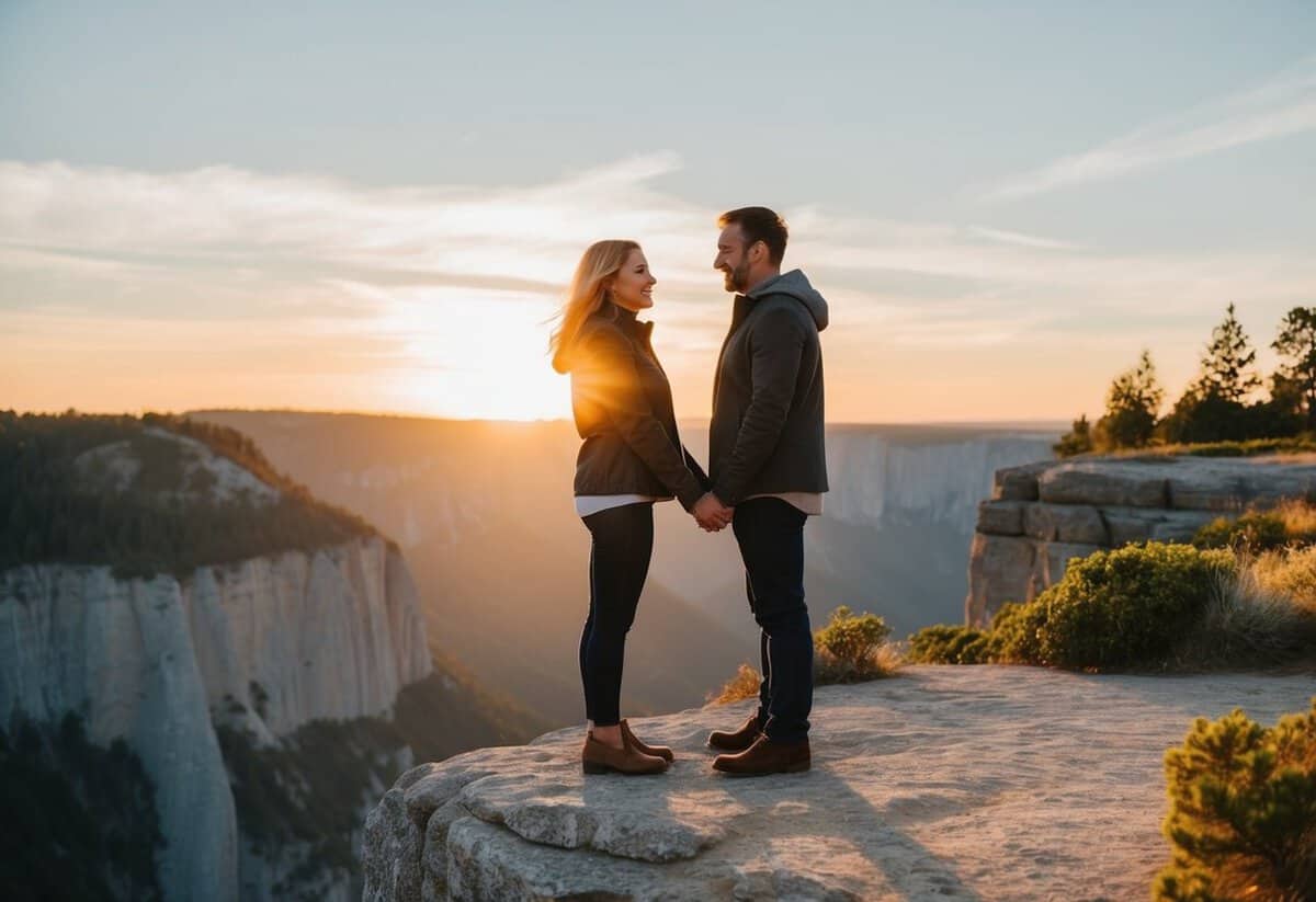 A couple standing at the edge of a cliff, facing each other with the sun setting behind them, surrounded by a beautiful natural landscape