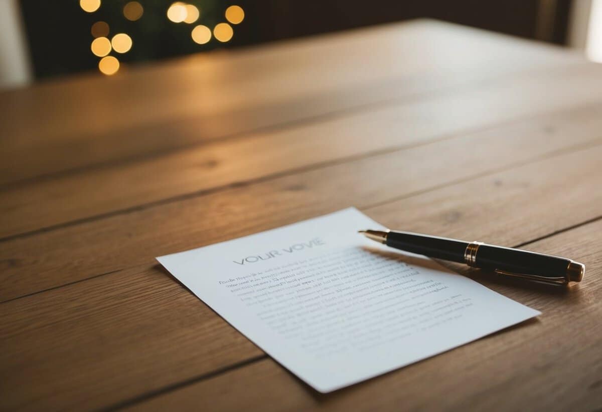 A pen and a piece of paper sit on a wooden table, ready for someone to write their vows. A soft light shines down, creating a warm and intimate atmosphere