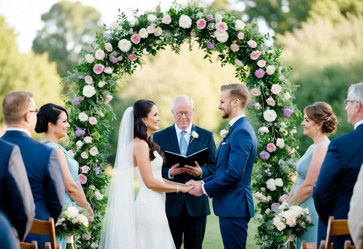 A couple standing beneath a floral archway, exchanging vows during a wedding ceremony