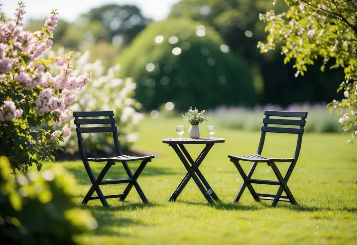A serene outdoor setting with a blooming garden and a gentle breeze, with a small table and two chairs arranged for an intimate conversation