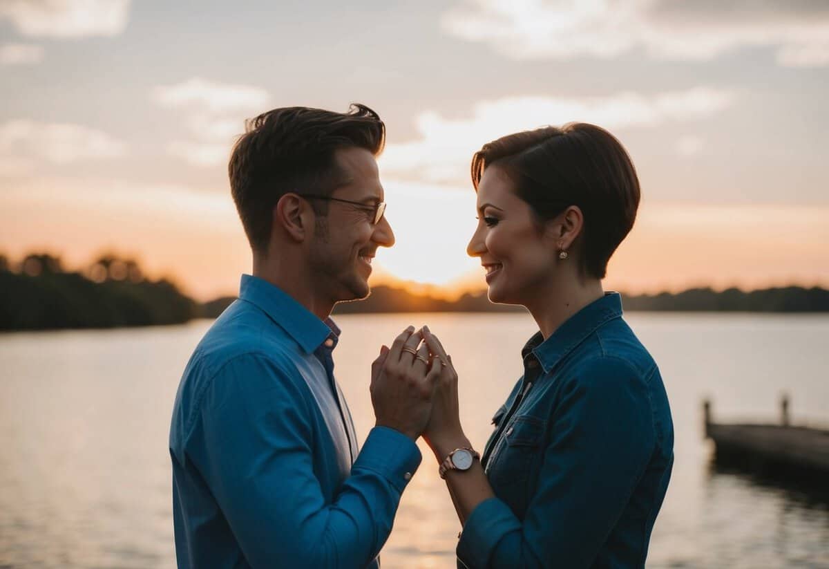 A couple standing facing each other, exchanging rings and making promises