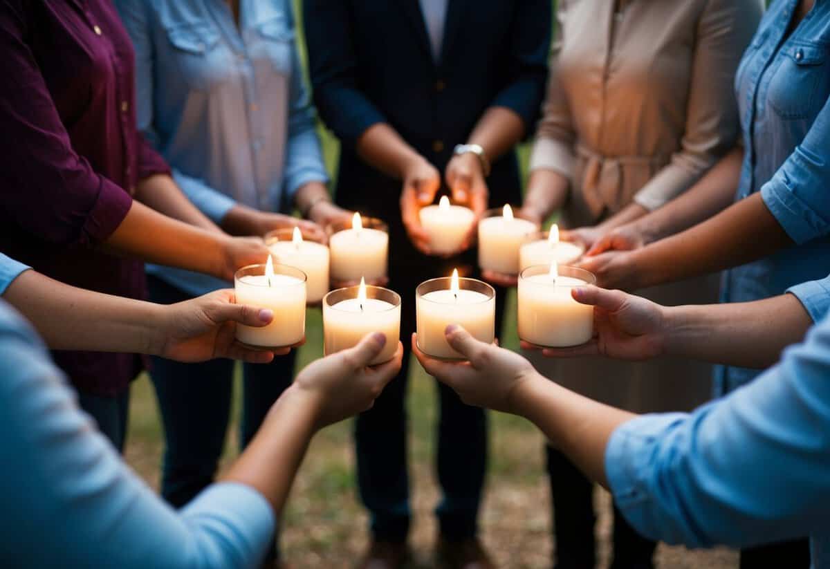 A group of people standing in a circle, holding candles and bowing their heads in prayer