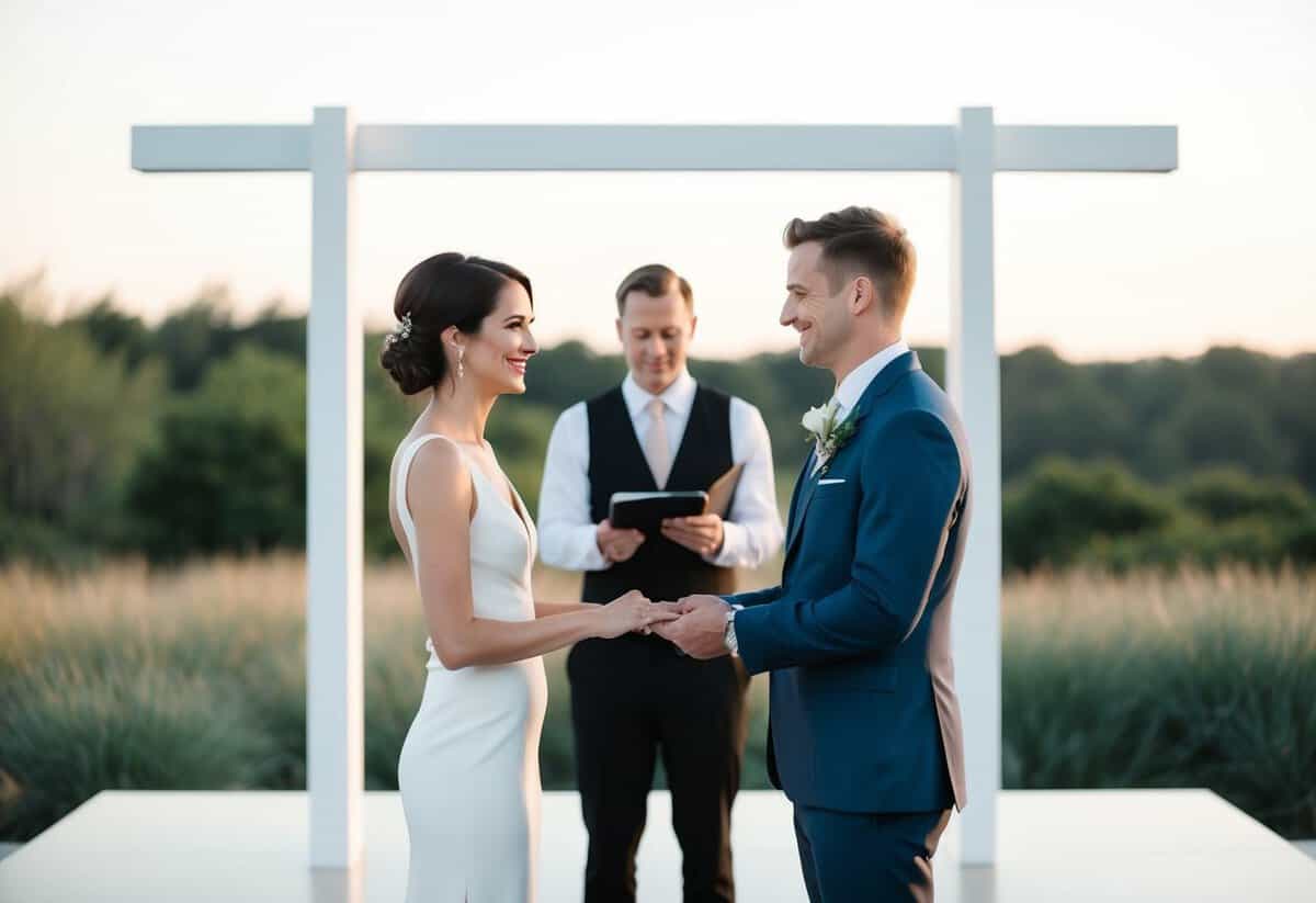A couple standing in front of a modern, minimalist altar, exchanging vows with a serene and natural backdrop