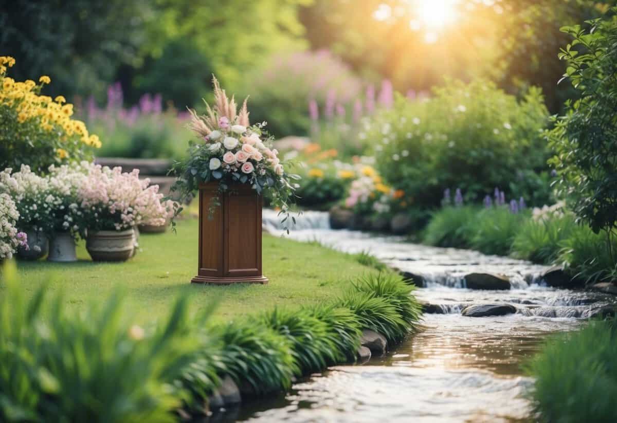 A serene outdoor setting with a blooming garden and a softly flowing stream, with a small wooden altar adorned with floral arrangements