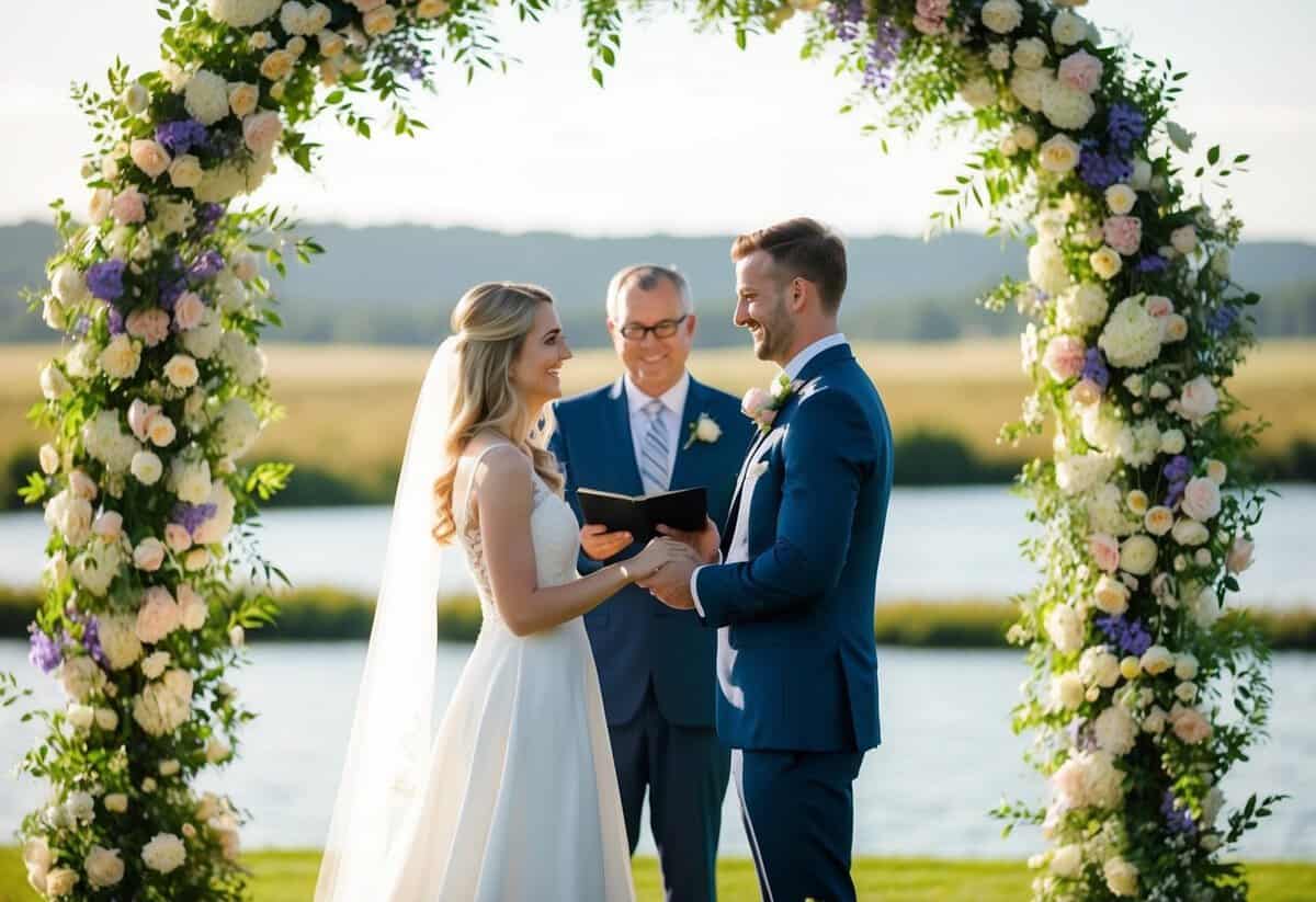 A couple standing beneath a floral archway, exchanging vows with a serene landscape in the background