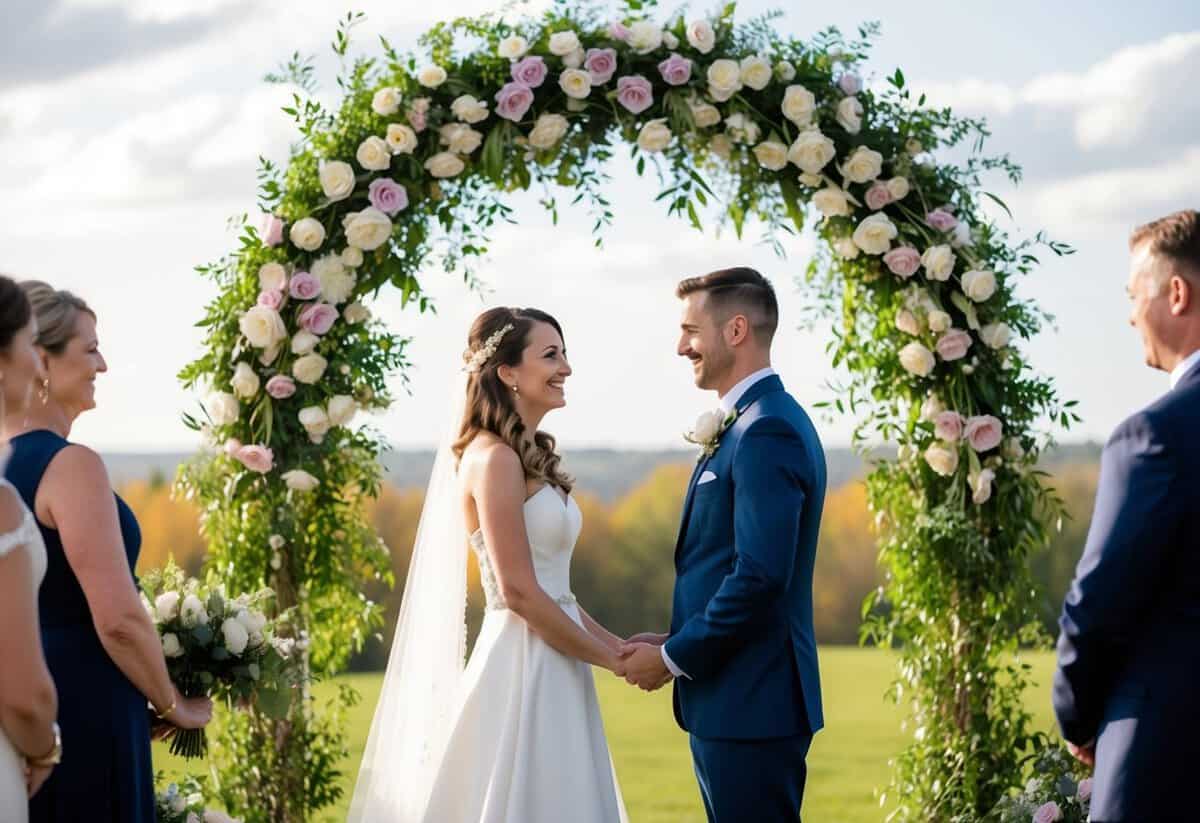 A bride and groom stand facing each other under a floral arch, exchanging vows with tender smiles and loving glances
