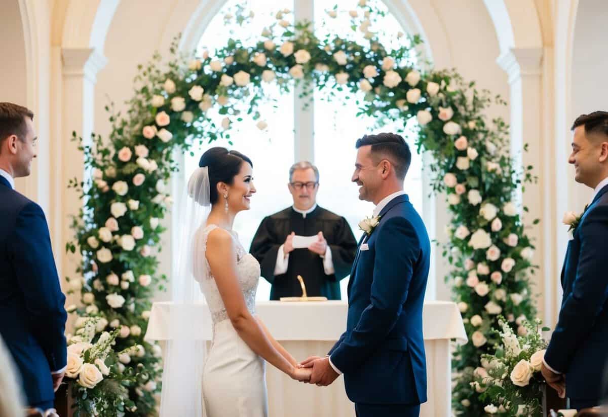 A bride and groom standing at the altar, facing each other with an officiant in the center, under a floral archway