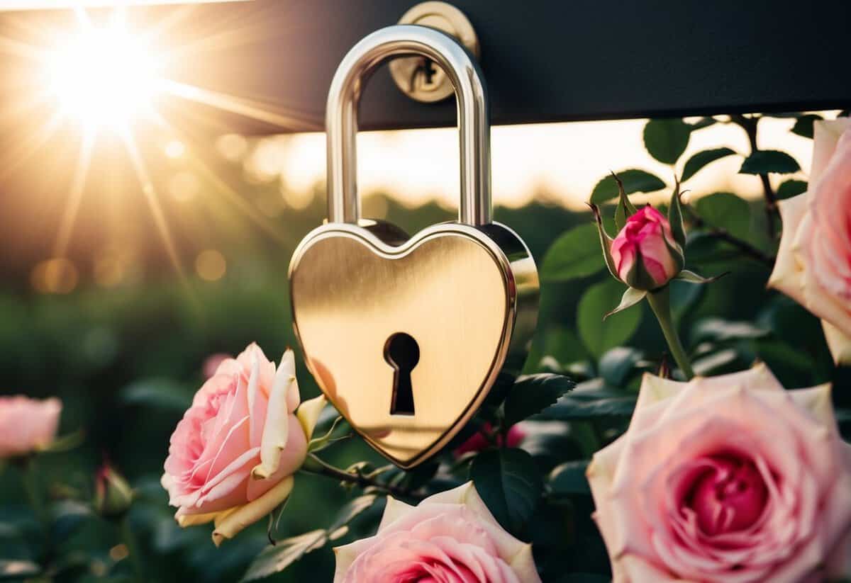 A heart-shaped lock with a keyhole, surrounded by blooming roses and a shining sun