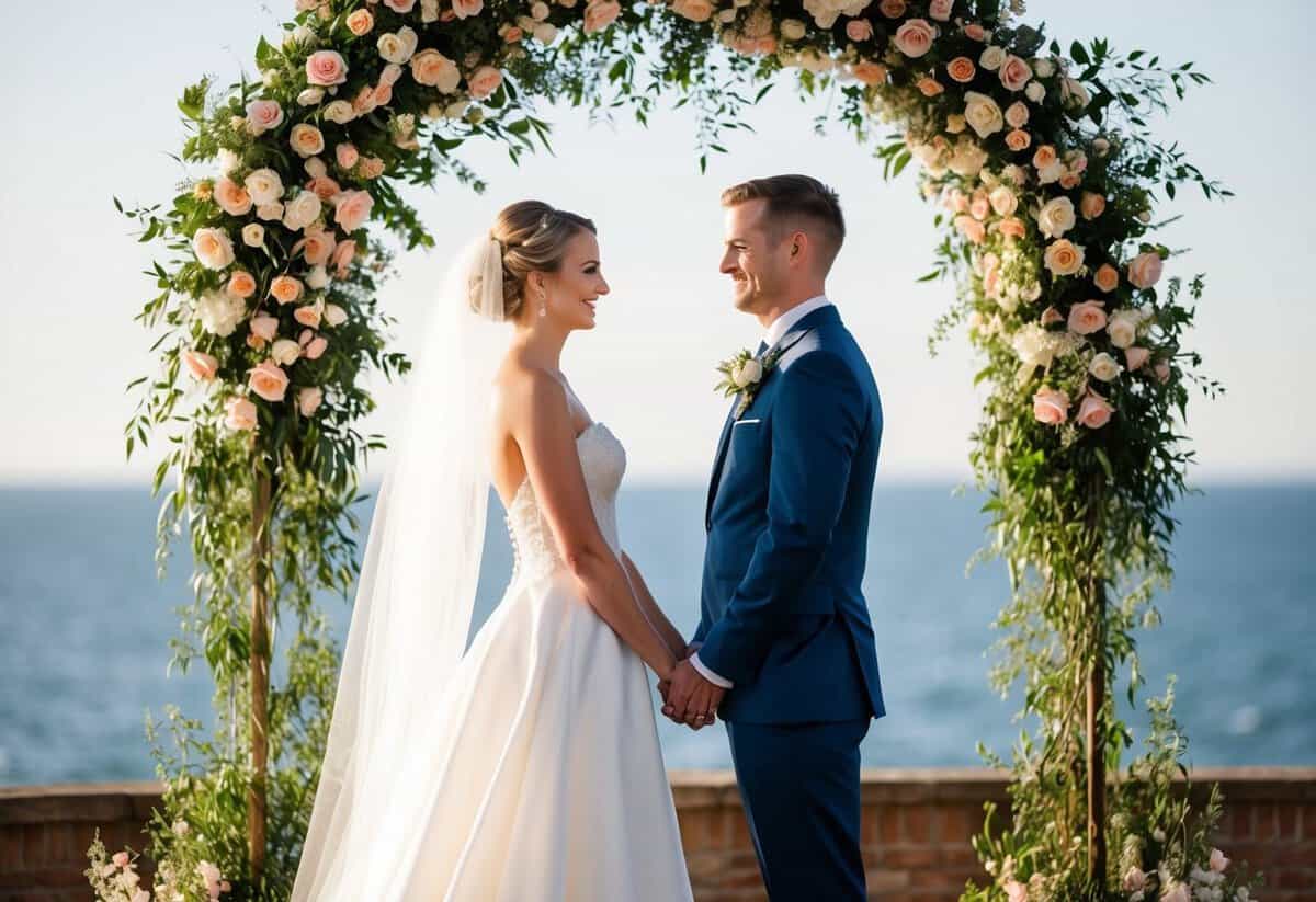 A bride and groom stand facing each other under a floral arch
