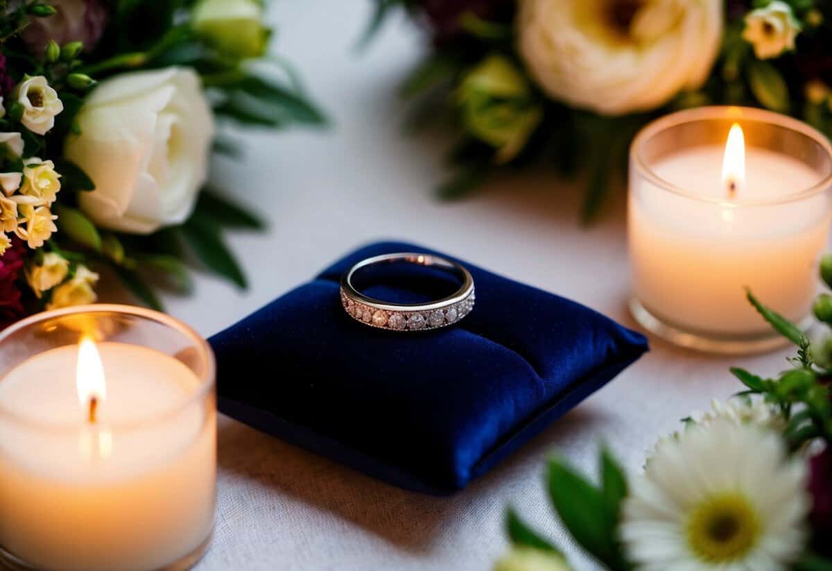 A wedding ring placed on a velvet cushion, surrounded by flowers and candles
