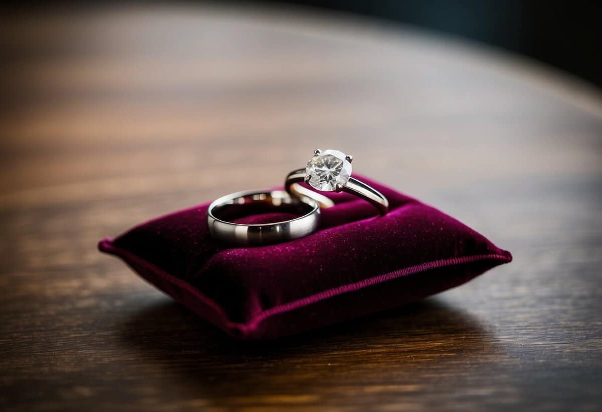 Two rings on a velvet pillow, one with a glistening diamond and the other a simple band, sitting on a wooden table