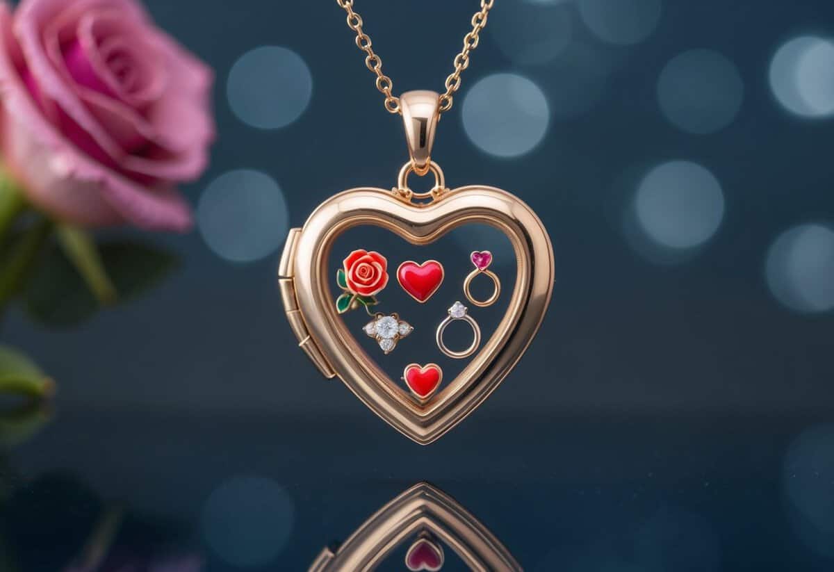 A heart-shaped locket with seven miniature symbols of love, such as a rose, a ring, and a heart, arranged in a circle