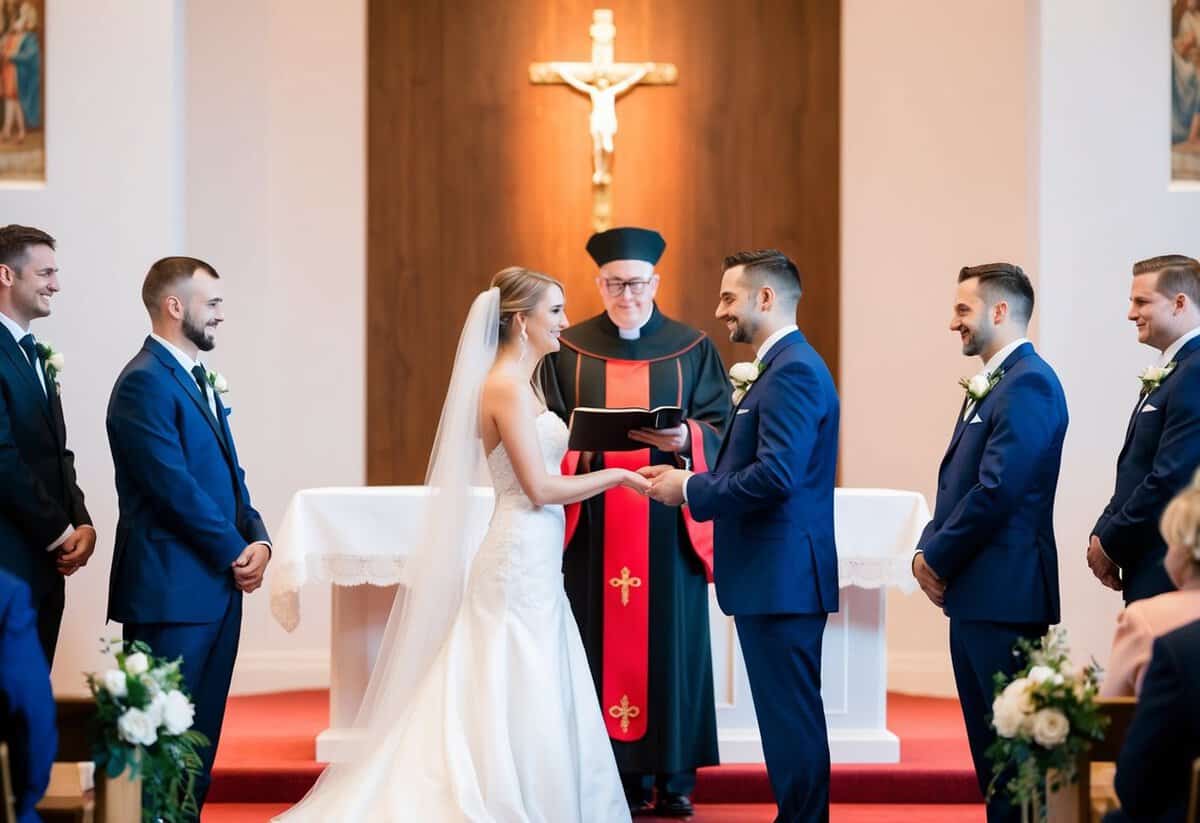 A bride and groom standing at the altar, exchanging vows with a priest officiating