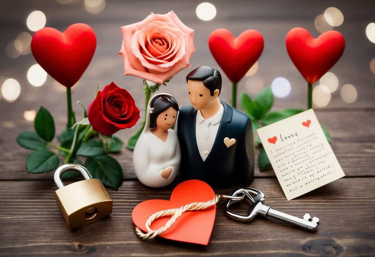 A husband surrounded by seven symbolic representations of love: a heart, a ring, a rose, a pair of intertwined hearts, a love letter, a key, and a lock