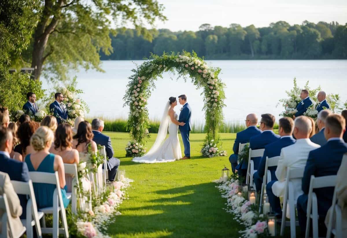 A serene outdoor wedding ceremony with a beautiful arch adorned with flowers, surrounded by lush greenery and overlooking a tranquil lake