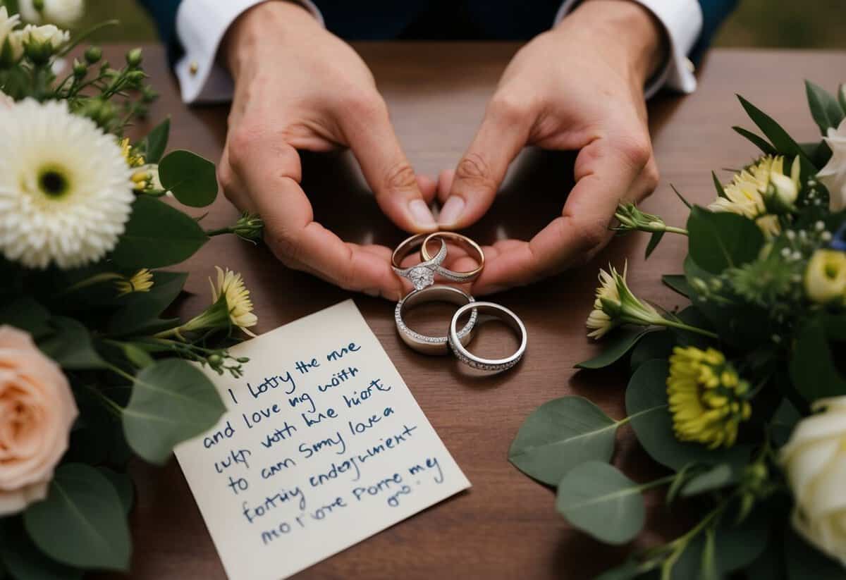 A couple's wedding rings arranged in a heart shape on a table, surrounded by fresh flowers and a handwritten note expressing love and commitment