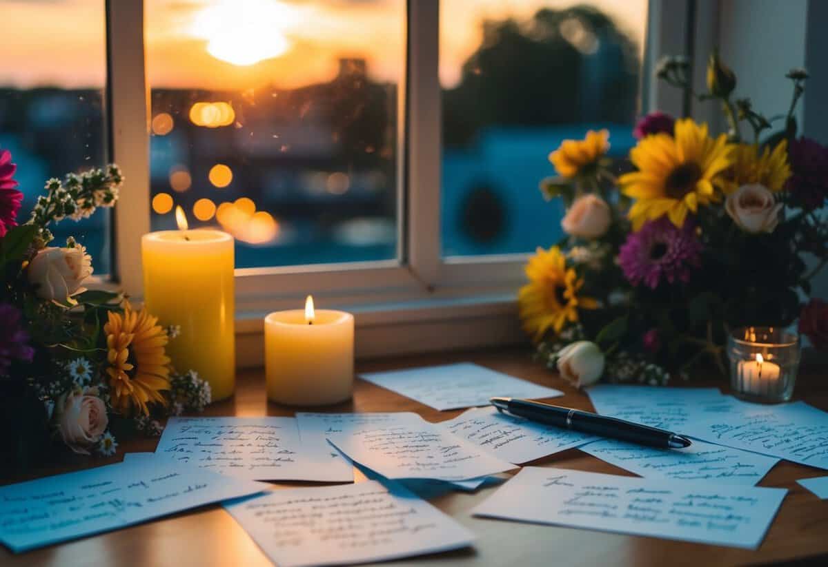 A table scattered with handwritten notes and a pen, surrounded by flowers and candles, as the sun sets outside the window