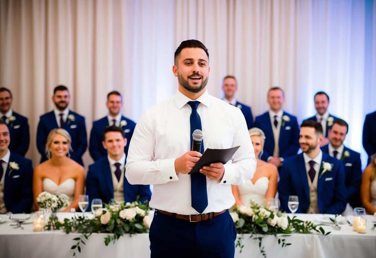 The best man delivers the first speech, standing at the center of the room with the wedding party seated behind him