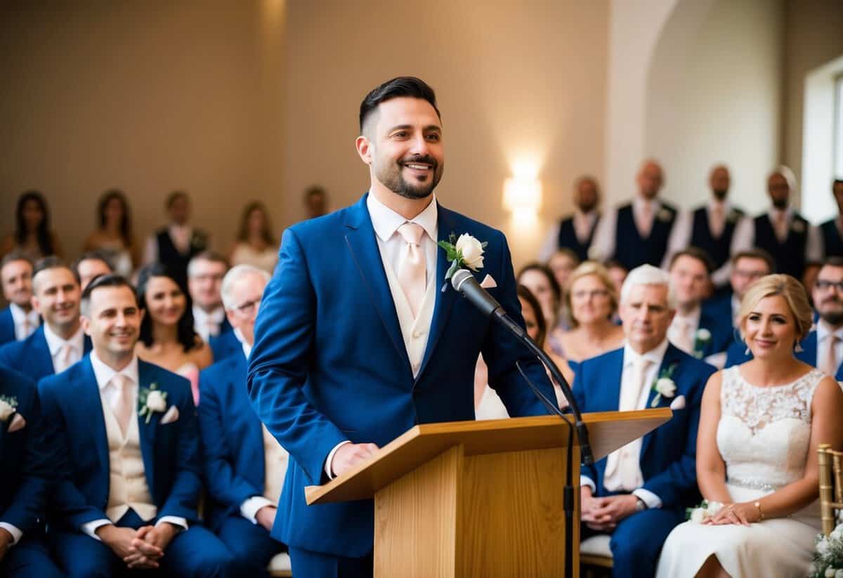 The best man stands at a podium, surrounded by wedding guests. He confidently delivers his speech, capturing the attention of the audience
