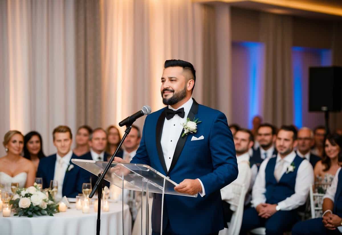 The best man stands at the podium, ready to deliver his speech as the wedding reception guests look on with anticipation