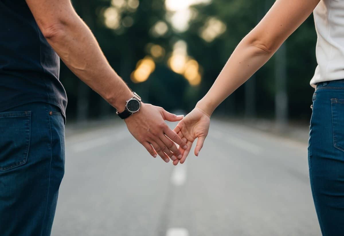 A couple standing together, facing each other, with one person holding out their hand towards the other in a gesture of respect and commitment