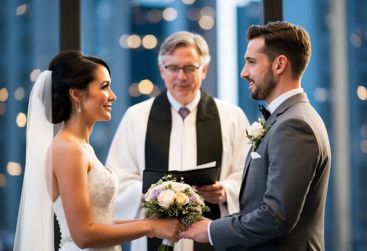 A bride and groom stand before an officiant, exchanging vows. The bride holds a bouquet of flowers while the groom looks into her eyes with a sense of devotion