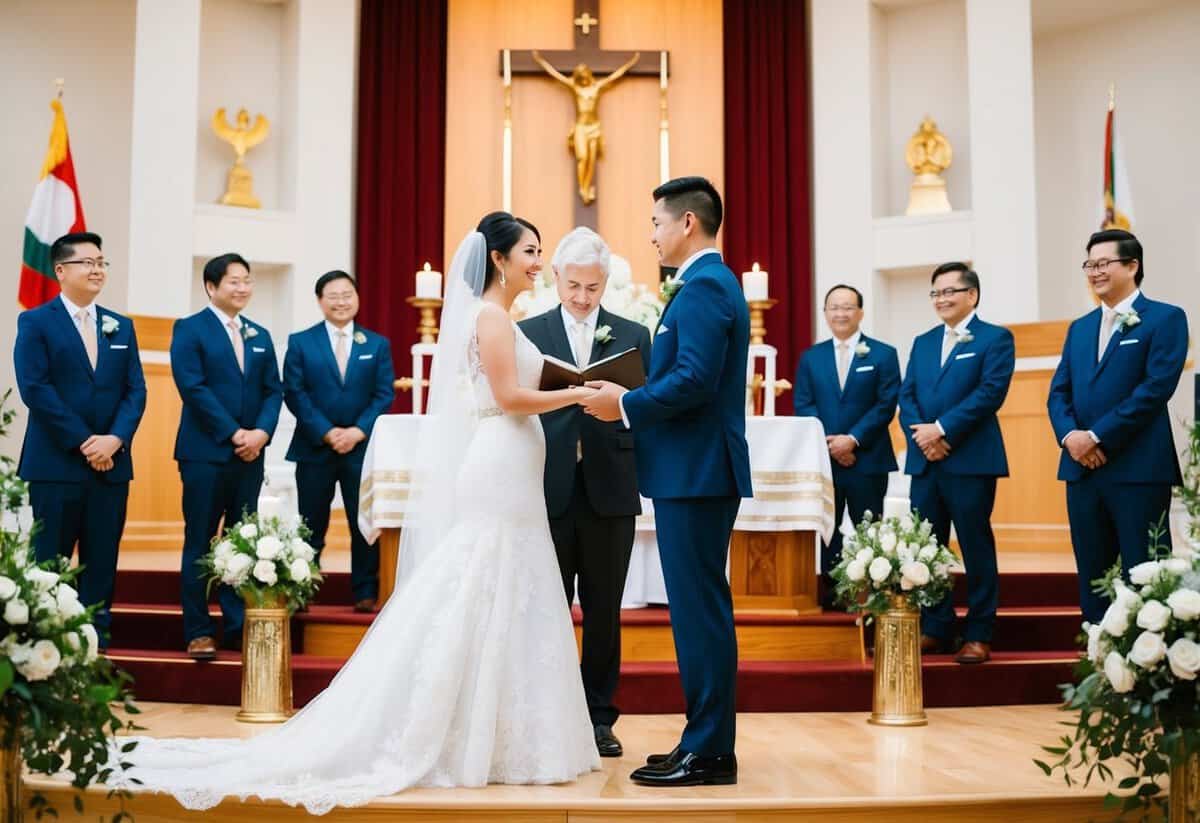 A bride and groom standing at an altar, surrounded by symbolic elements representing traditional and modern values