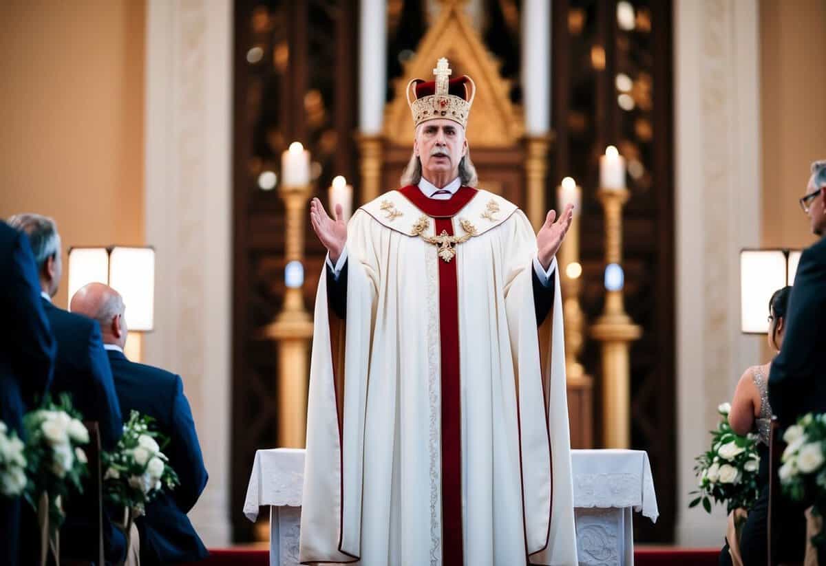 A regal figure standing at an altar, confidently reciting wedding vows without the word "obey."
