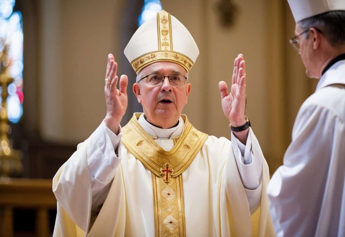 The priest raises his hands and pronounces the words of blessing