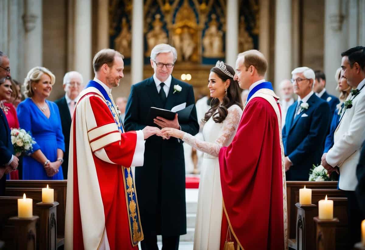 A royal couple standing at the altar, exchanging wedding vows without the word "obey" included. The officiant and guests are watching the ceremony