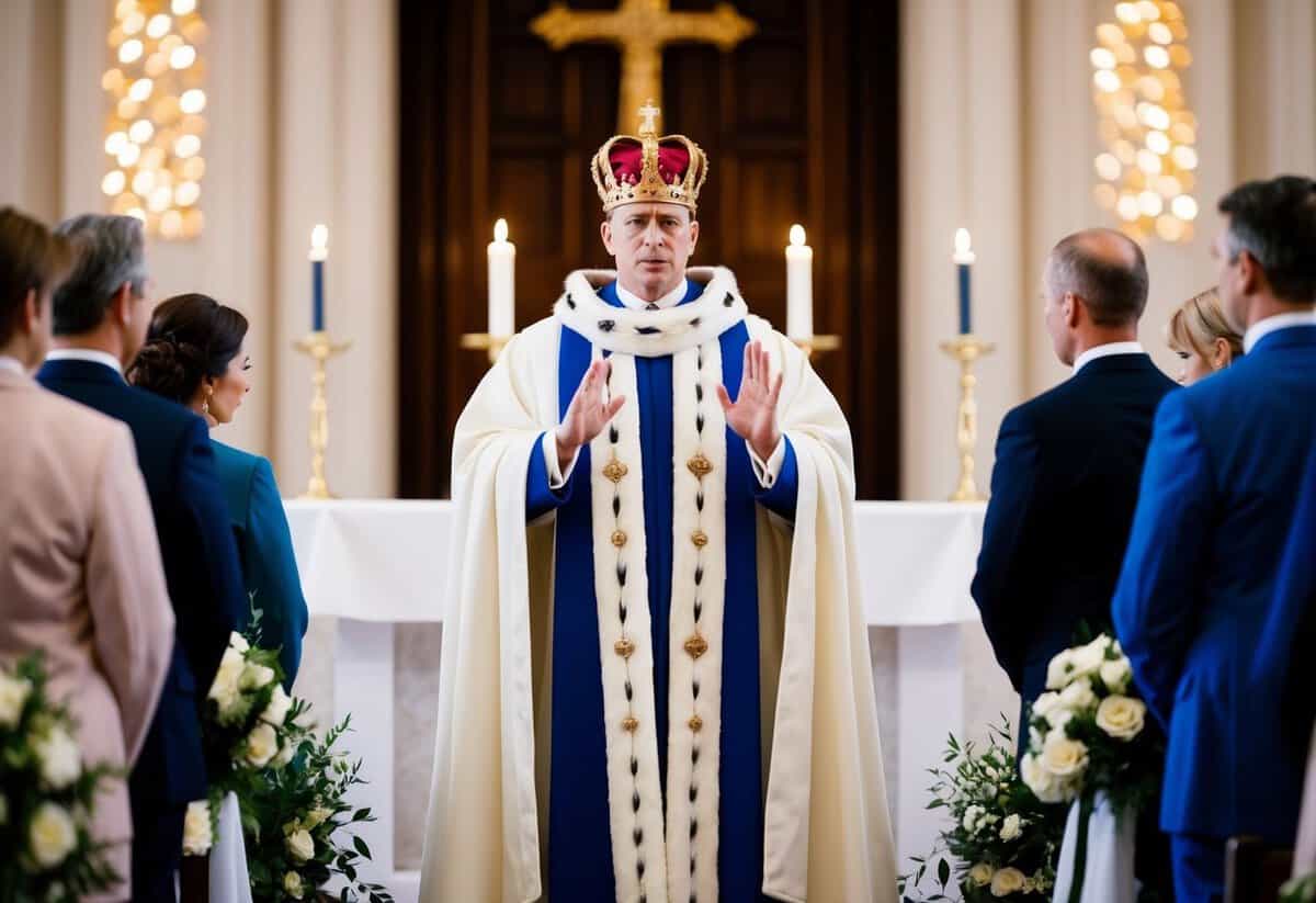 A royal figure standing at an altar, confidently reciting wedding vows while omitting the word "obey." The scene is filled with a sense of empowerment and modernity