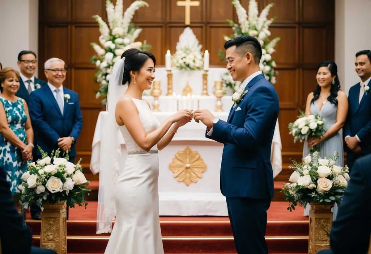 A couple stands before an altar, exchanging rings as a crowd looks on. The setting is traditional and formal, with floral arrangements and ceremonial objects