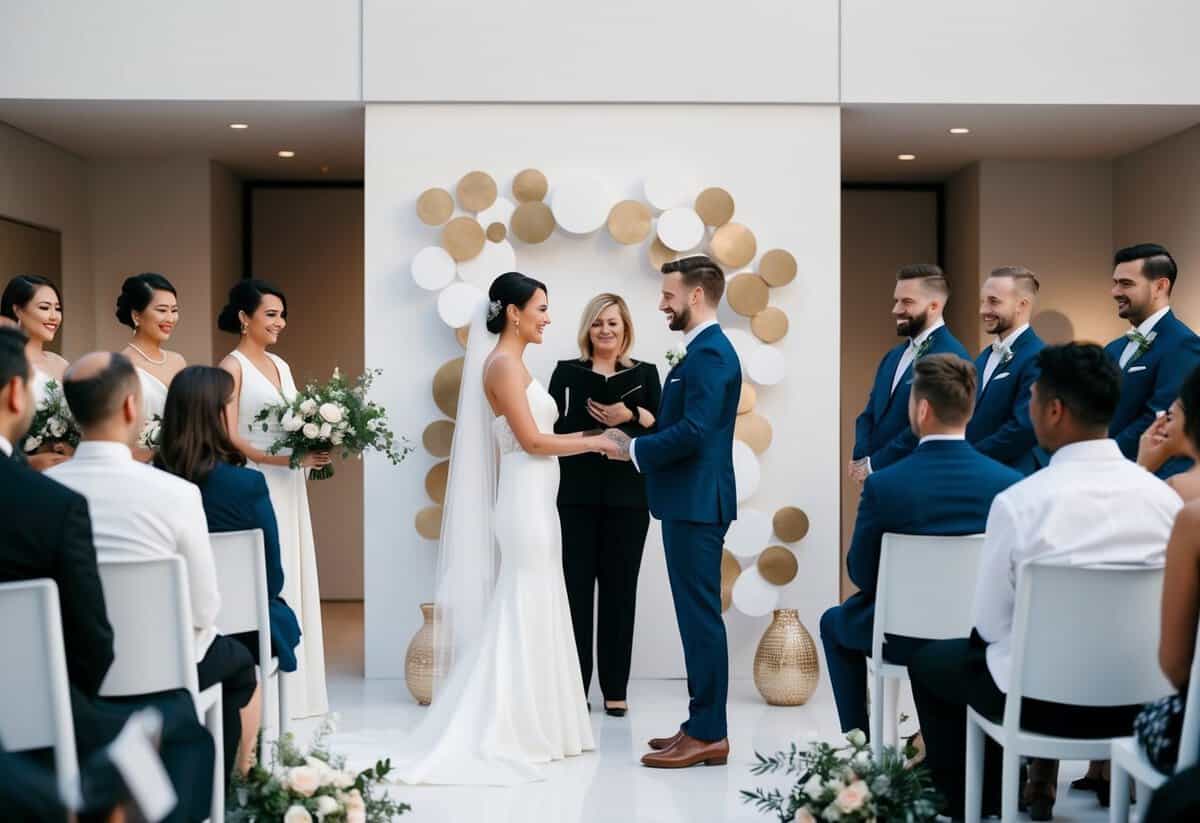 A modern wedding ceremony with couples exchanging non-traditional vows in a chic, minimalist setting with trendy decor and a fashionable crowd