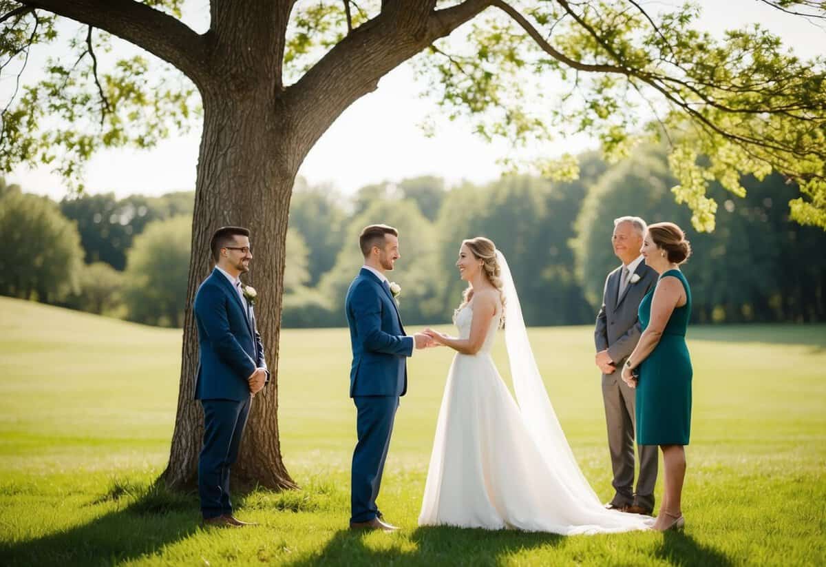 A couple standing beneath a tree exchanging vows with a witness present