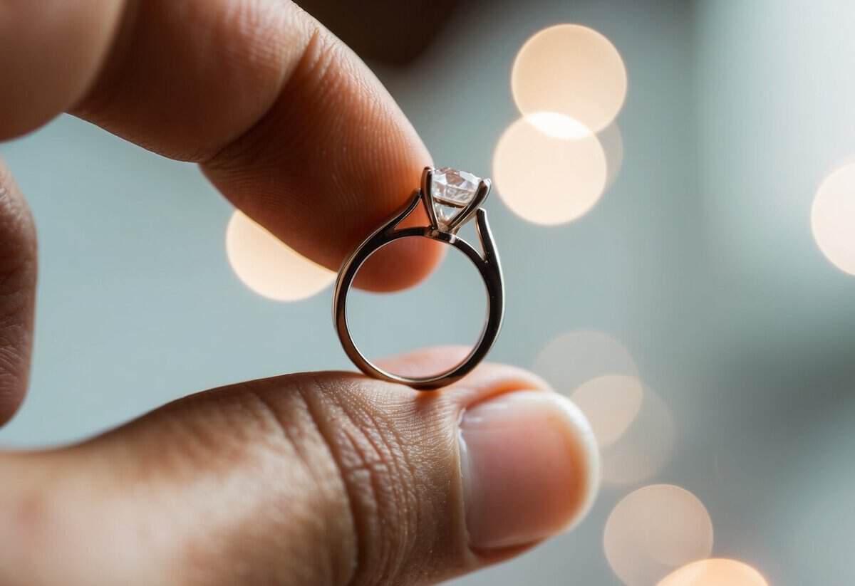 A wedding ring being slipped off a finger