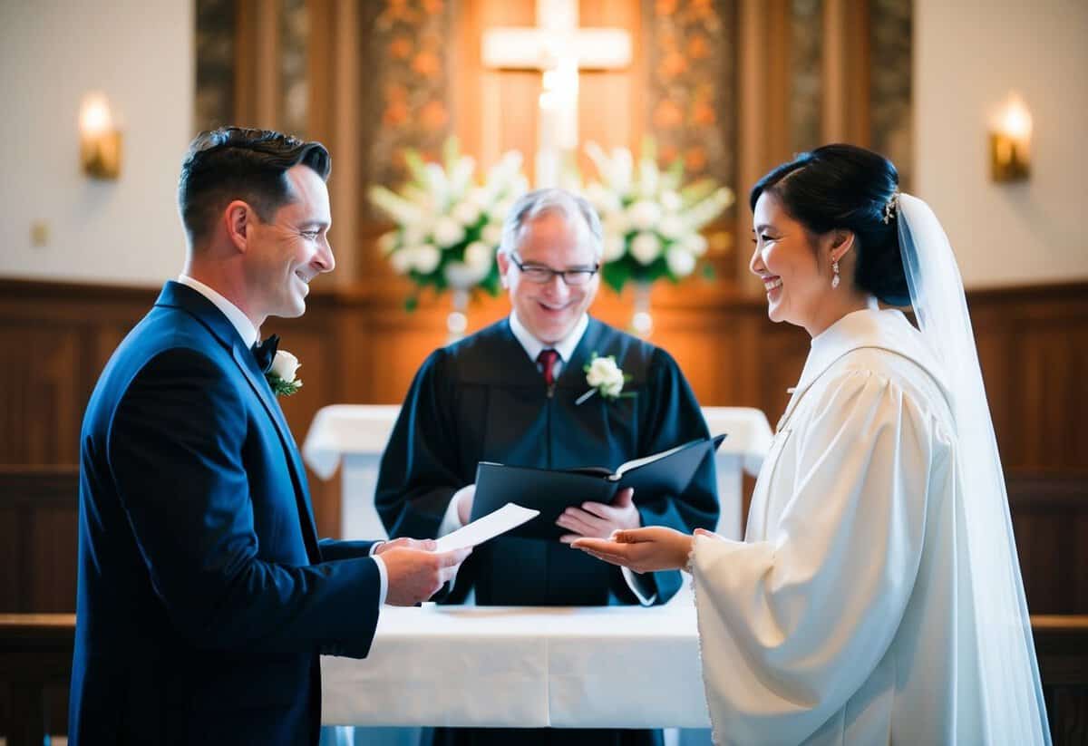 A couple standing at an altar, exchanging vows. The officiant removes the word "obey" from the script, as the couple smiles at each other