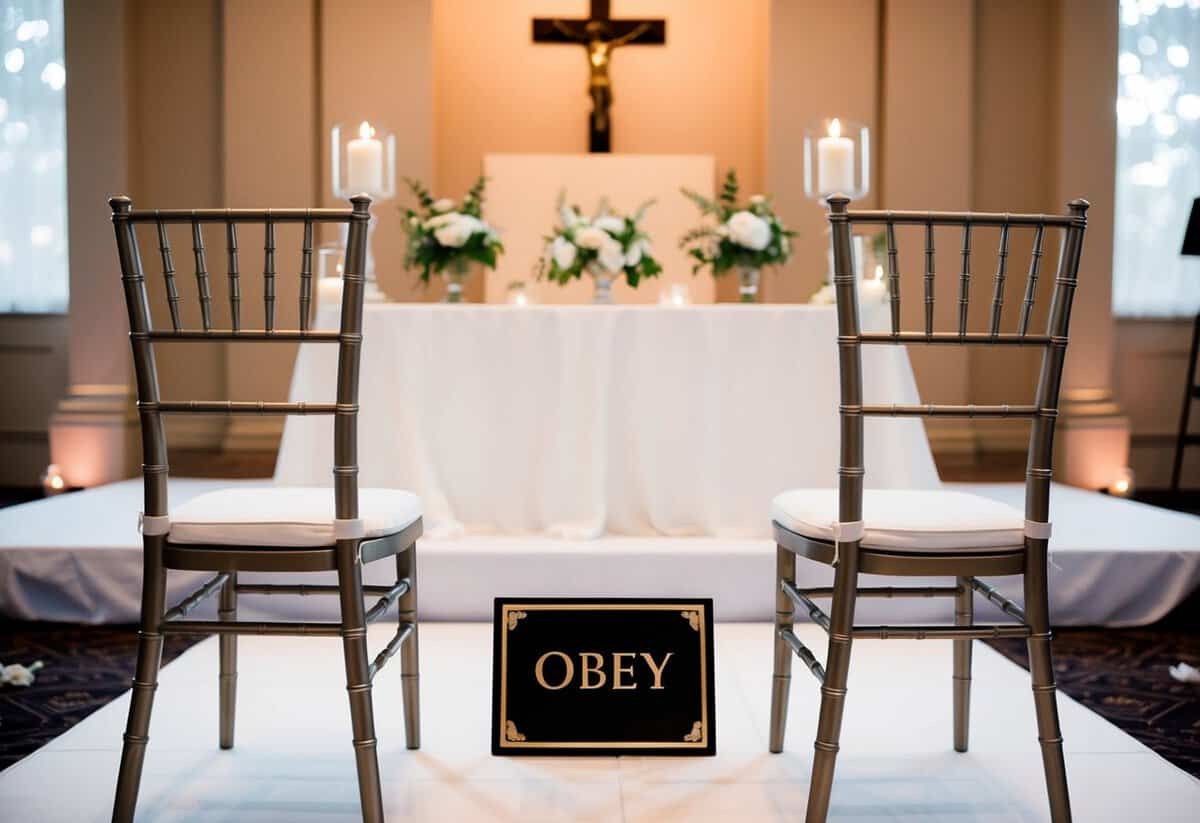 A wedding altar with two empty chairs and a removed "obey" plaque