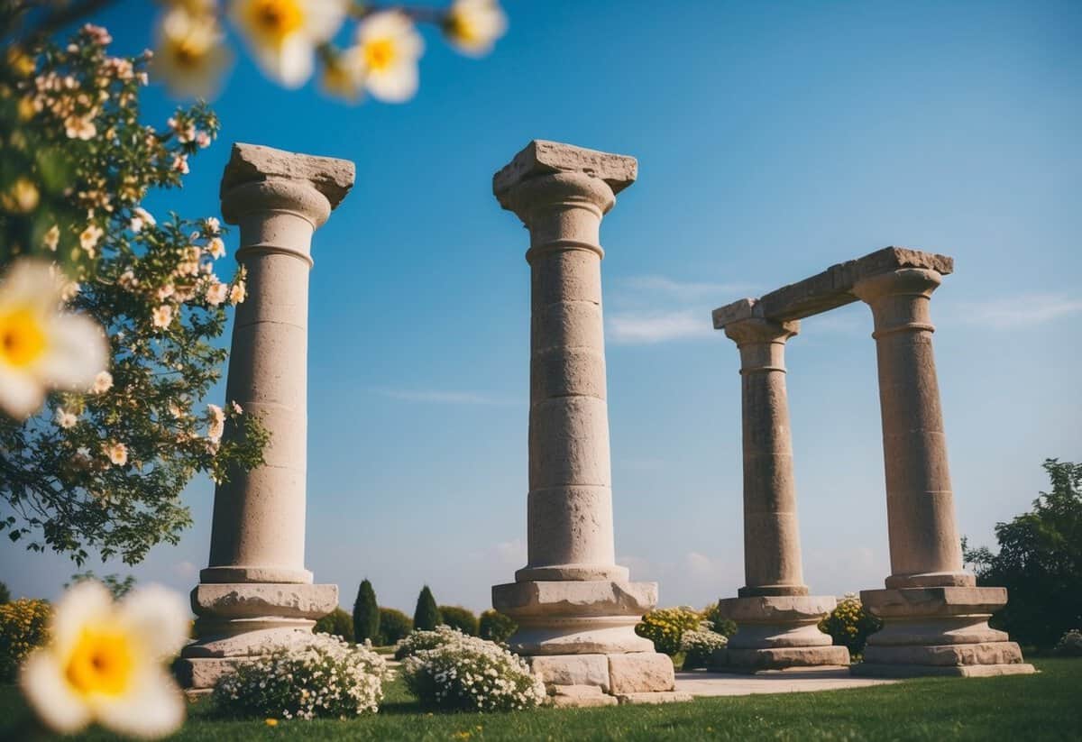 A serene outdoor setting with two ancient stone pillars, surrounded by blooming flowers and a clear blue sky, evoking a sense of timelessness and tradition
