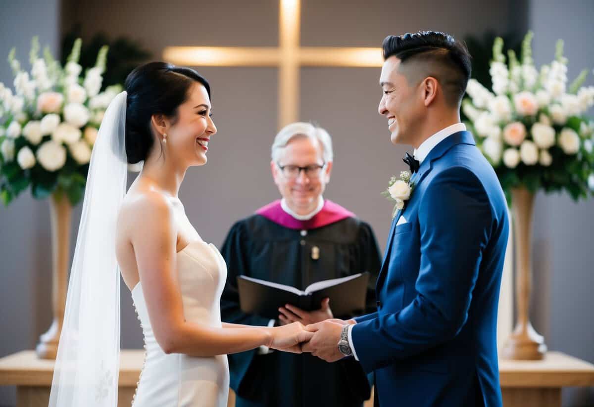 A couple standing at an altar, exchanging vows with a modern officiant. The bride and groom are smiling as they remove the word "obey" from their vows