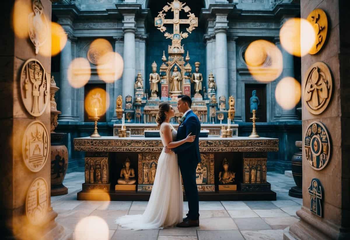 A couple standing before an ancient, ornate altar, surrounded by symbols of various cultures and religions