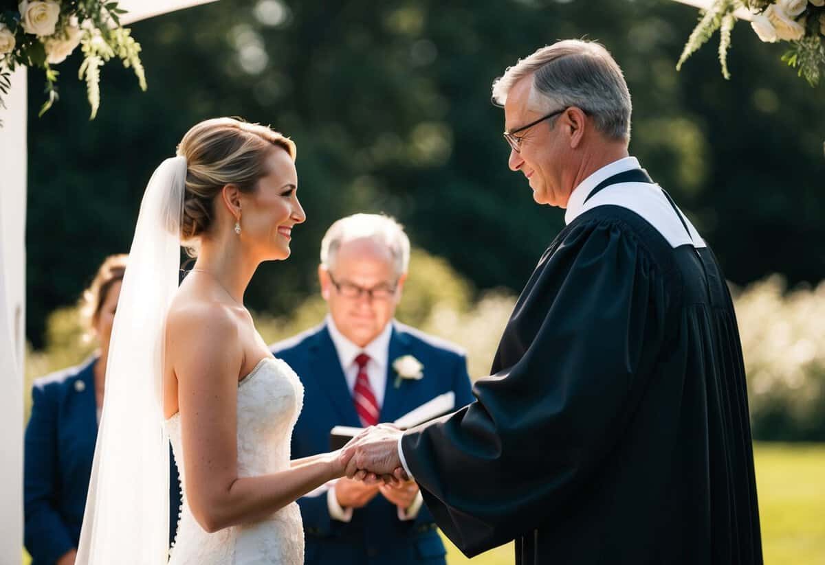 A judge presiding over a couple at a wedding ceremony