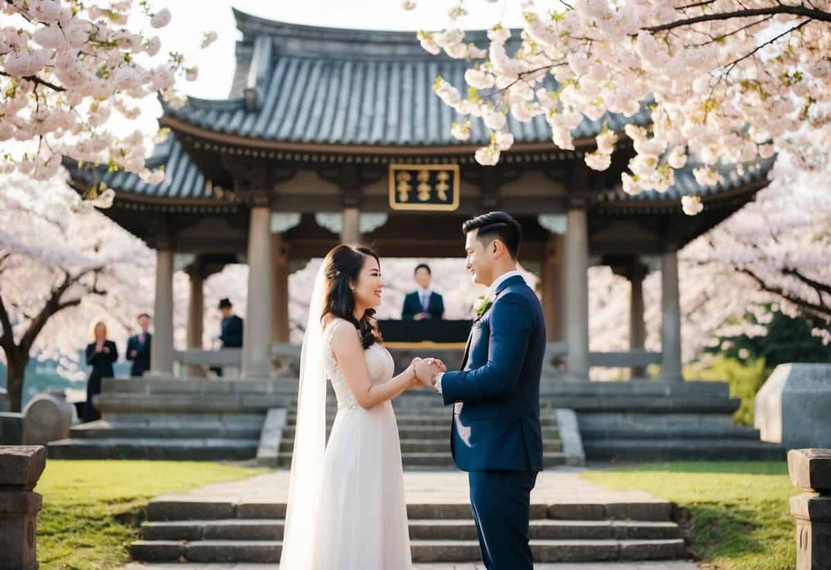 A couple standing in front of an ancient stone altar, exchanging solemn promises under a canopy of blooming cherry blossoms