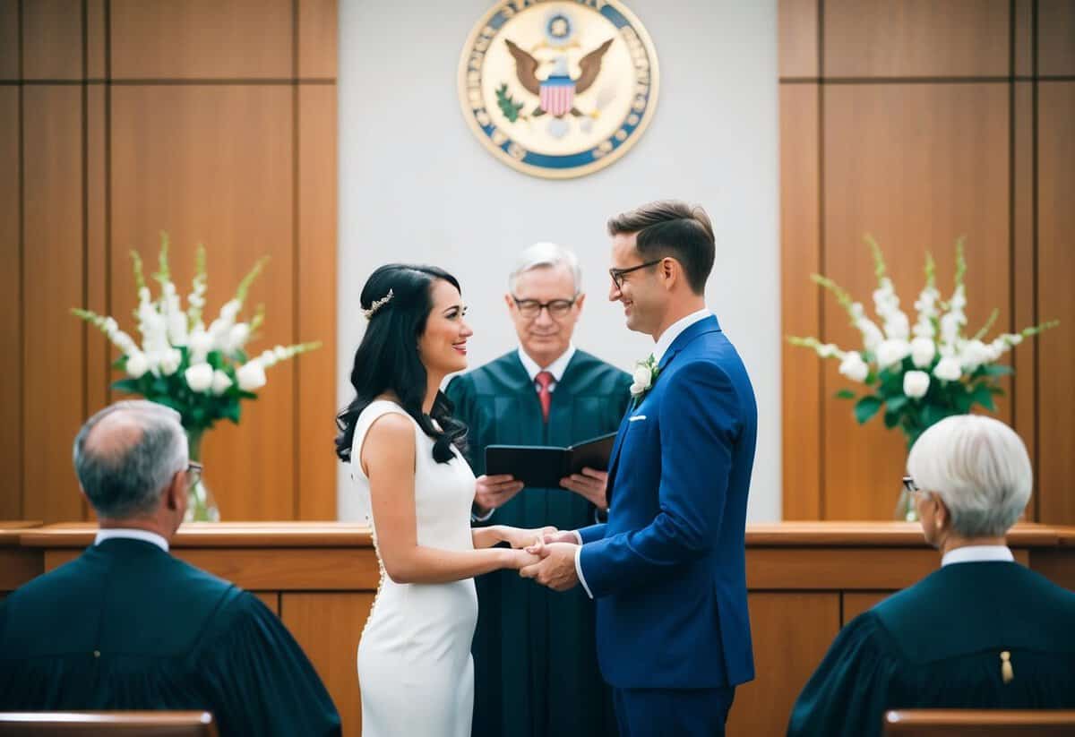 A couple standing before a judge, exchanging vows in a courtroom setting